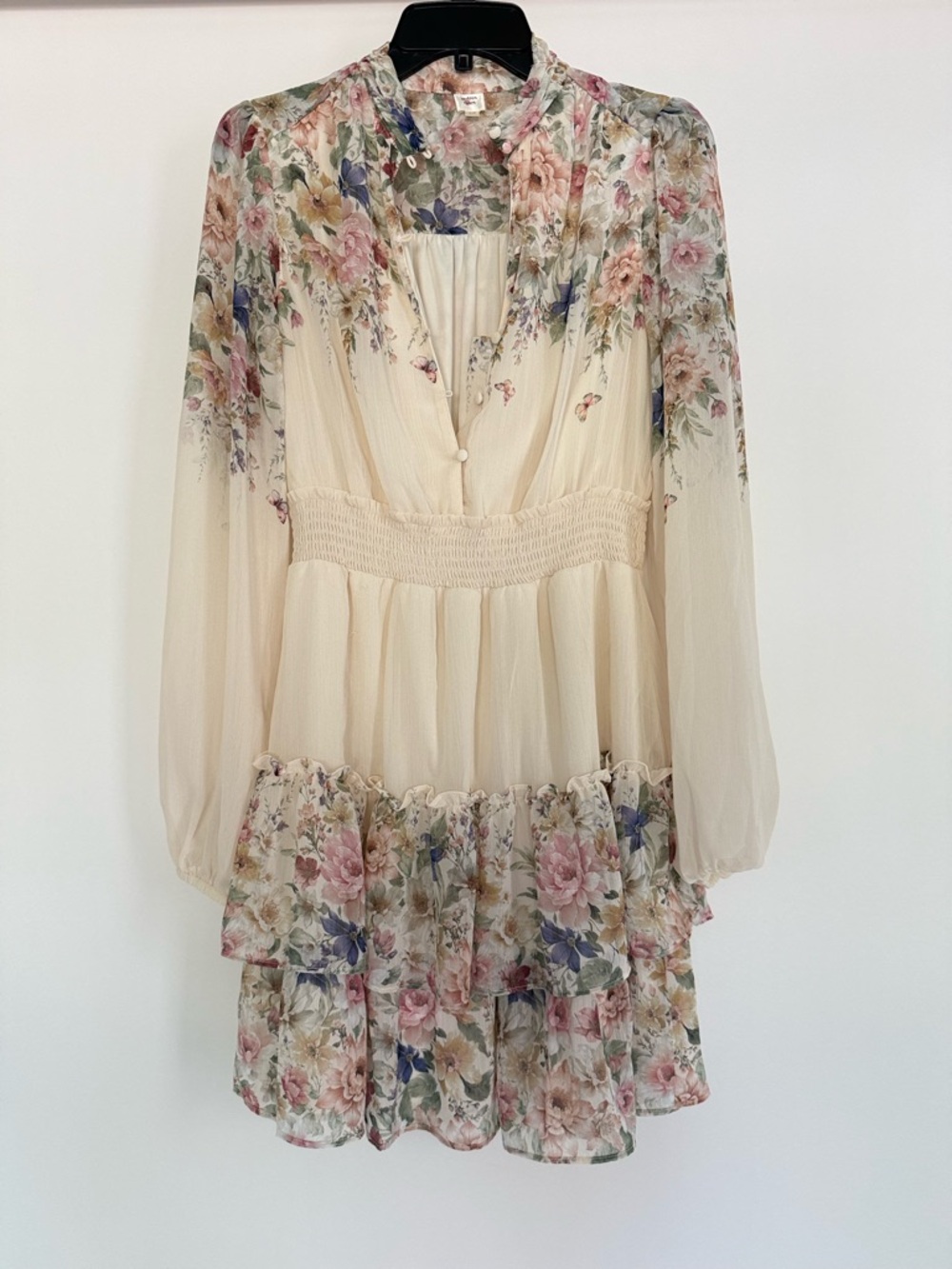 Floral Cream Long-Sleeve Tiered Dress